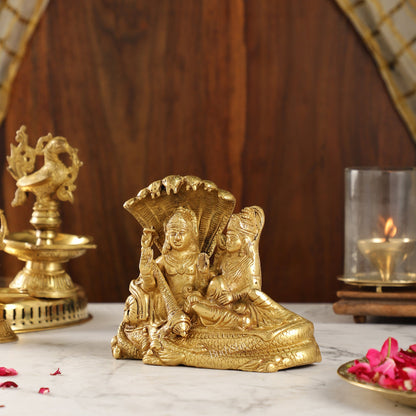 Lakshmi Narayan/ Vishnu Laskhmi brass idol resting on Sheshnaag Golden finish - Budhshiv.com