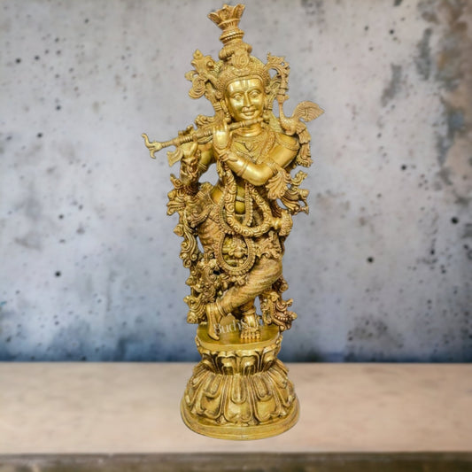 Large Brass Lord Krishna Playing Flute Statue, 47" Height - Budhshiv.com