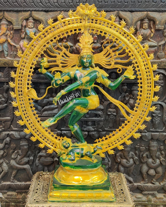 Large Handcrafted Superfine Brass Nataraja Statue - 36" Height | Antique Green and Yellow Sandstone Finish - Budhshiv.com
