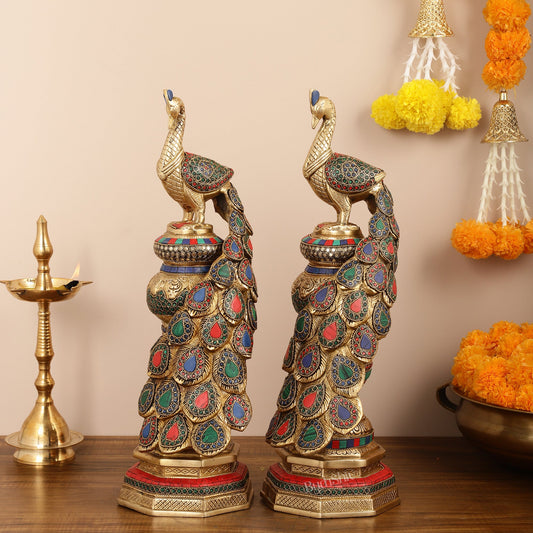 Large Peacock Showpiece with Meenakari - 20 Inch pair - Budhshiv.com