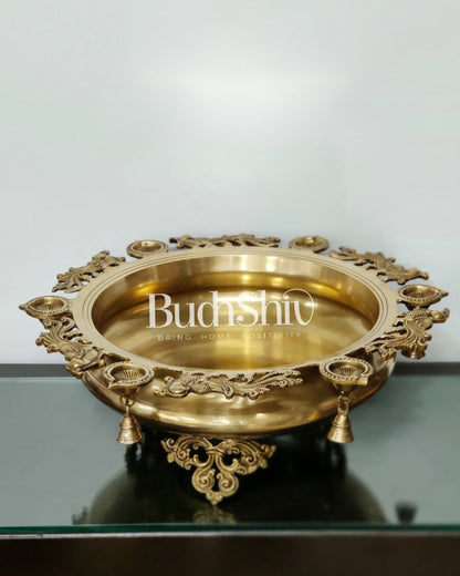 Large Peacock Urli with Diyas and Bells | Magnificent Brass Decor 21" - Budhshiv.com