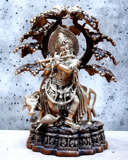 Large Pure Brass Krishna with Cow Under Tree Statue - 30 - Budhshiv.com