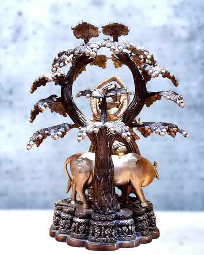 Large Pure Brass Krishna with Cow Under Tree Statue - 30 - Budhshiv.com