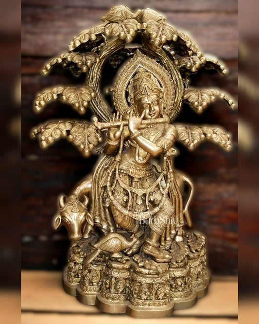 Large Pure Brass Krishna with Cow Under Tree Statue - 30 - Budhshiv.com