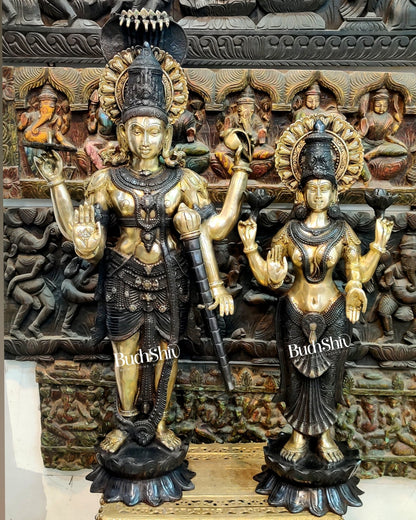 Life-like Brass Idols of Lord Vishnu and Goddess Lakshmi | Superfine Handcrafted with Duel Tone Contrast 40" - Budhshiv.com