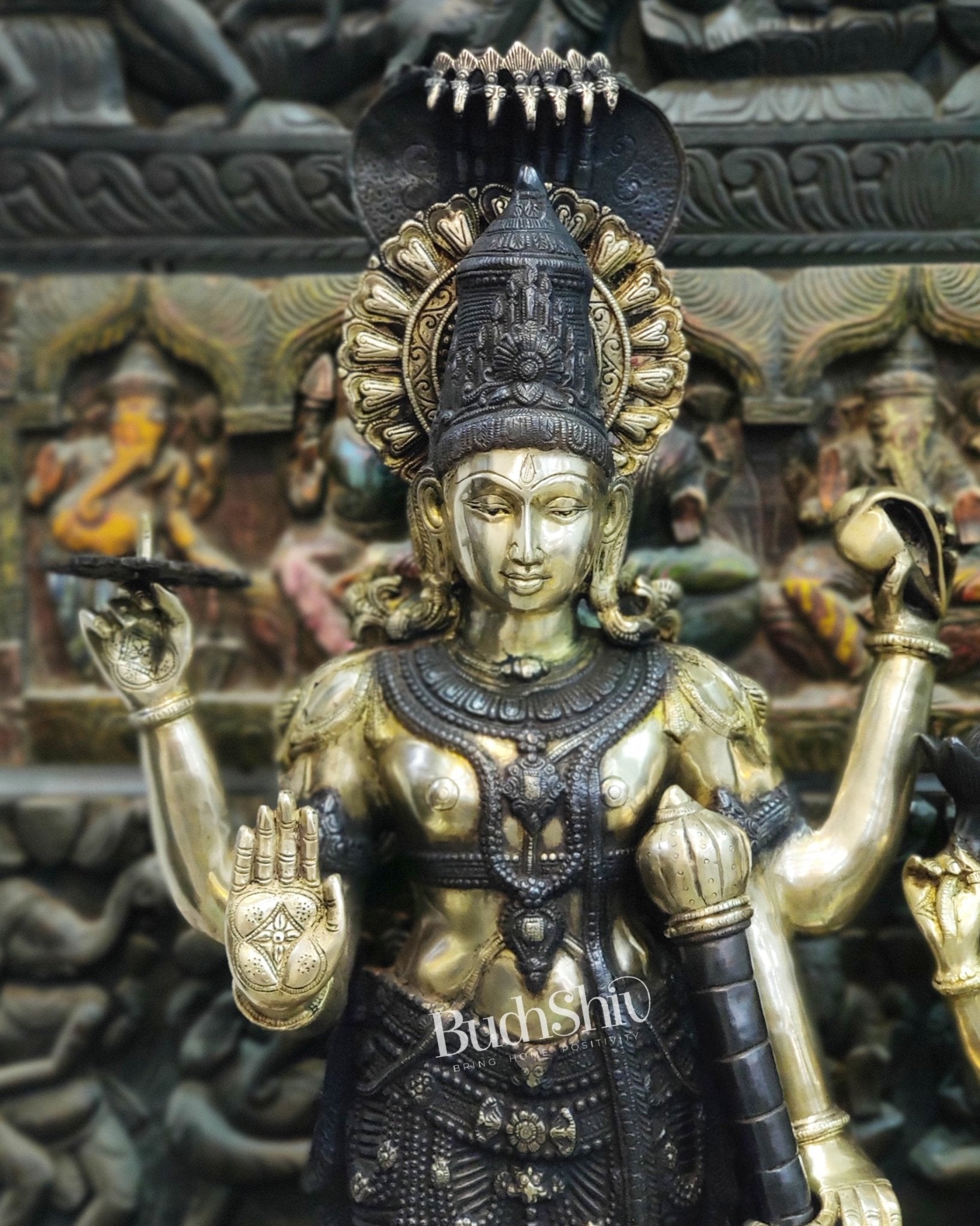 Life-like Brass Idols of Lord Vishnu and Goddess Lakshmi | Superfine Handcrafted with Duel Tone Contrast 40" - Budhshiv.com