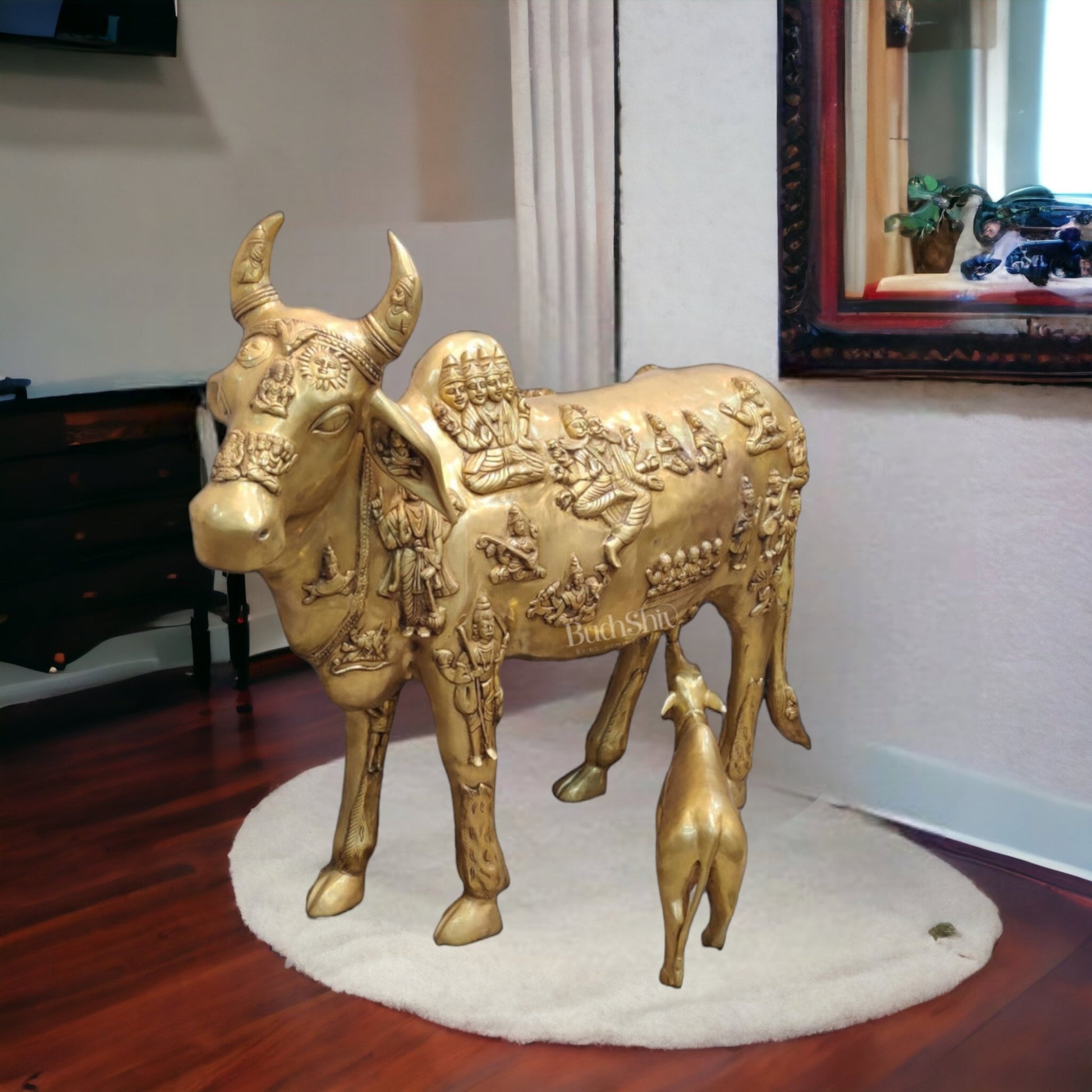 48 Large Kamadhenu Cow with Calf, Brass Statue