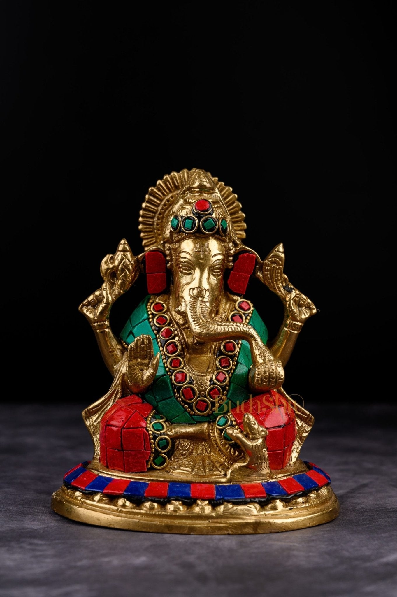 Lord Ganesha Ganpati Brass Idol Figure with Stonework 5.5 inches Mighty Form - Budhshiv.com