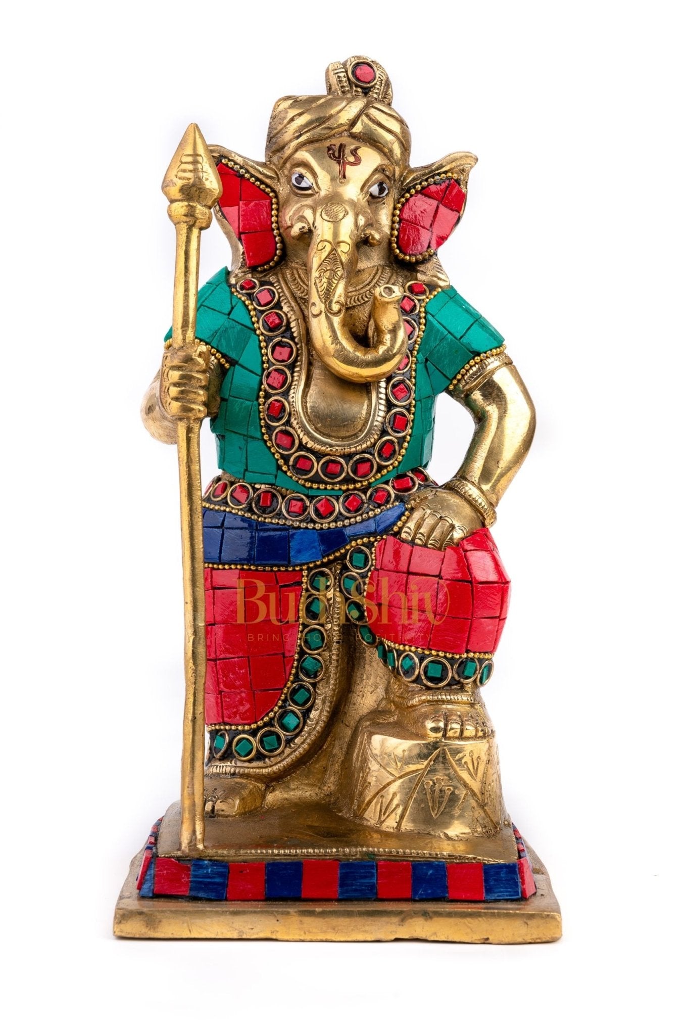 Lord Ganesha with Spear Ganpati Brass Idol | Figure | murti Dressed in Natural Stones - Budhshiv.com