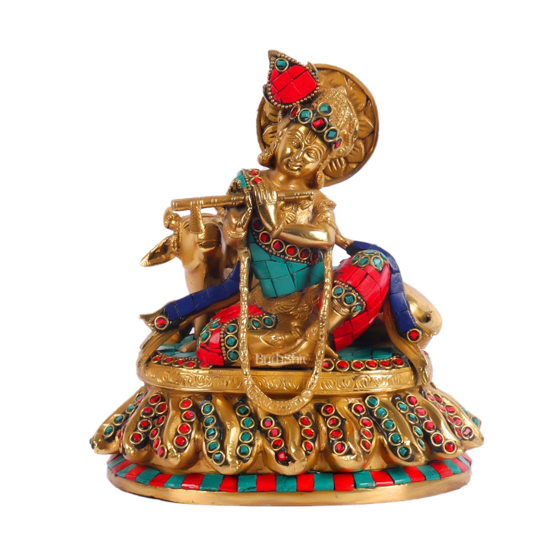 Lord krishna seated with cow brass idol with stonework 7.5 inch - Budhshiv.com