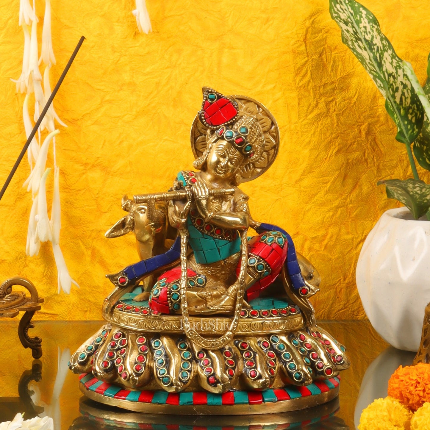 Lord krishna seated with cow brass idol with stonework 7.5 inch - Budhshiv.com