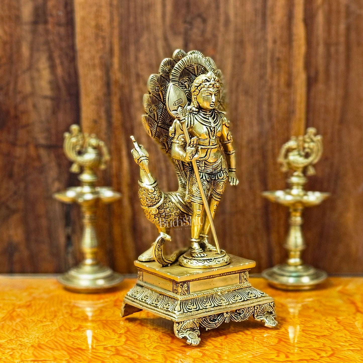 Lord Murugan Brass Statue with Peacock and Veil | Height 12 inches - Budhshiv.com