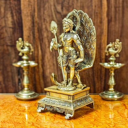 Lord Murugan Brass Statue with Peacock and Veil | Height 12 inches - Budhshiv.com