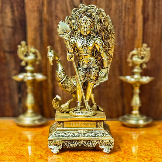 Lord Murugan Brass Statue with Peacock and Veil | Height 12 inches - Budhshiv.com