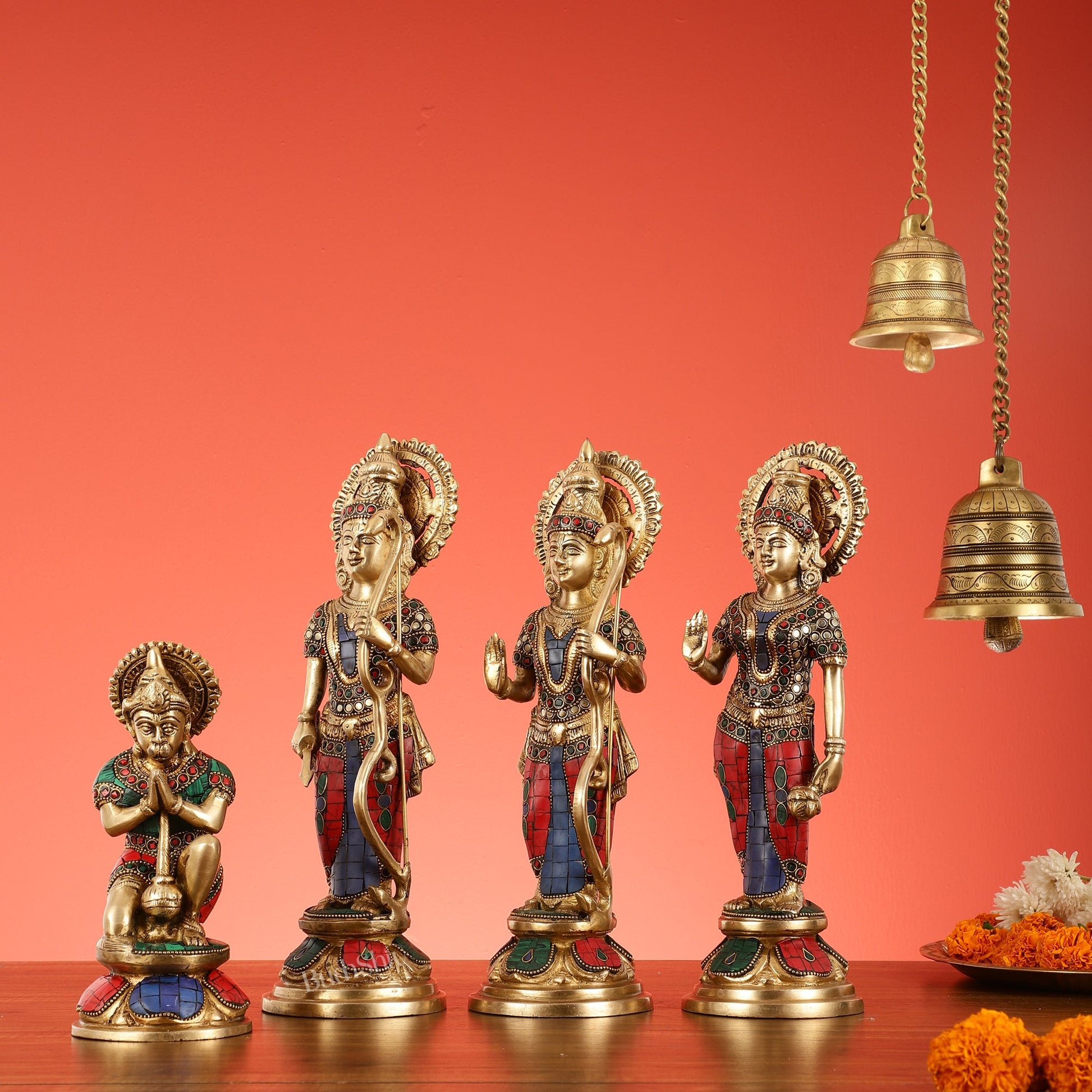 Lord Ram Darbar idols: Superfine Brass Set - 13" stonework - Budhshiv.com