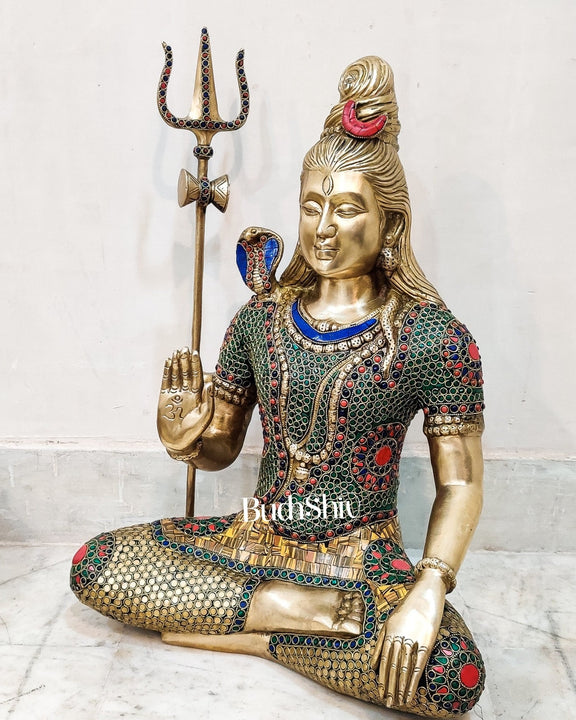 Lord Shiva Brass Idol 20 inches with stonework - Budhshiv.com