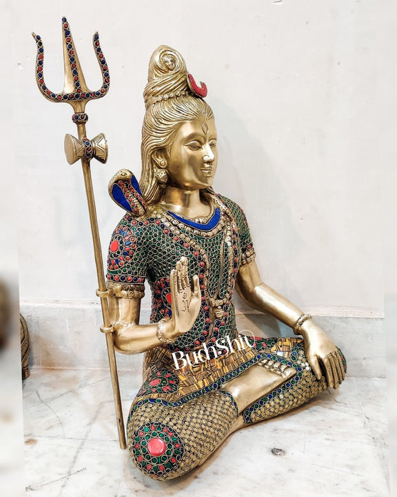 Lord Shiva Brass Idol 20 inches with stonework - Budhshiv.com