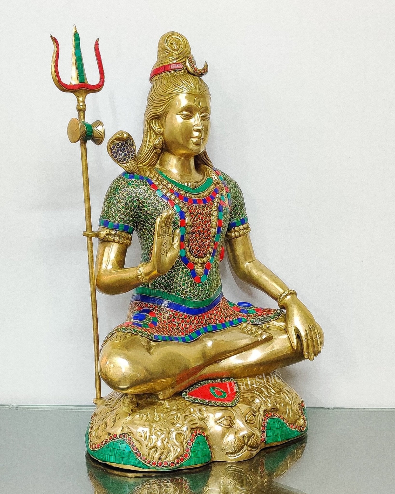 Lord Shiva Brass Idol 22 inches with rings and stonework - Budhshiv.com