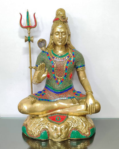 Lord Shiva Brass Idol 22 inches with rings and stonework - Budhshiv.com