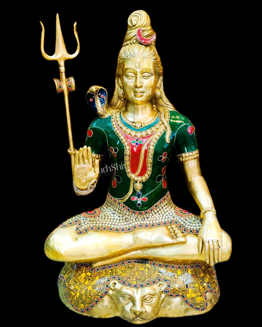 Lord Shiva Brass Idol 22 inches with stonework - Budhshiv.com