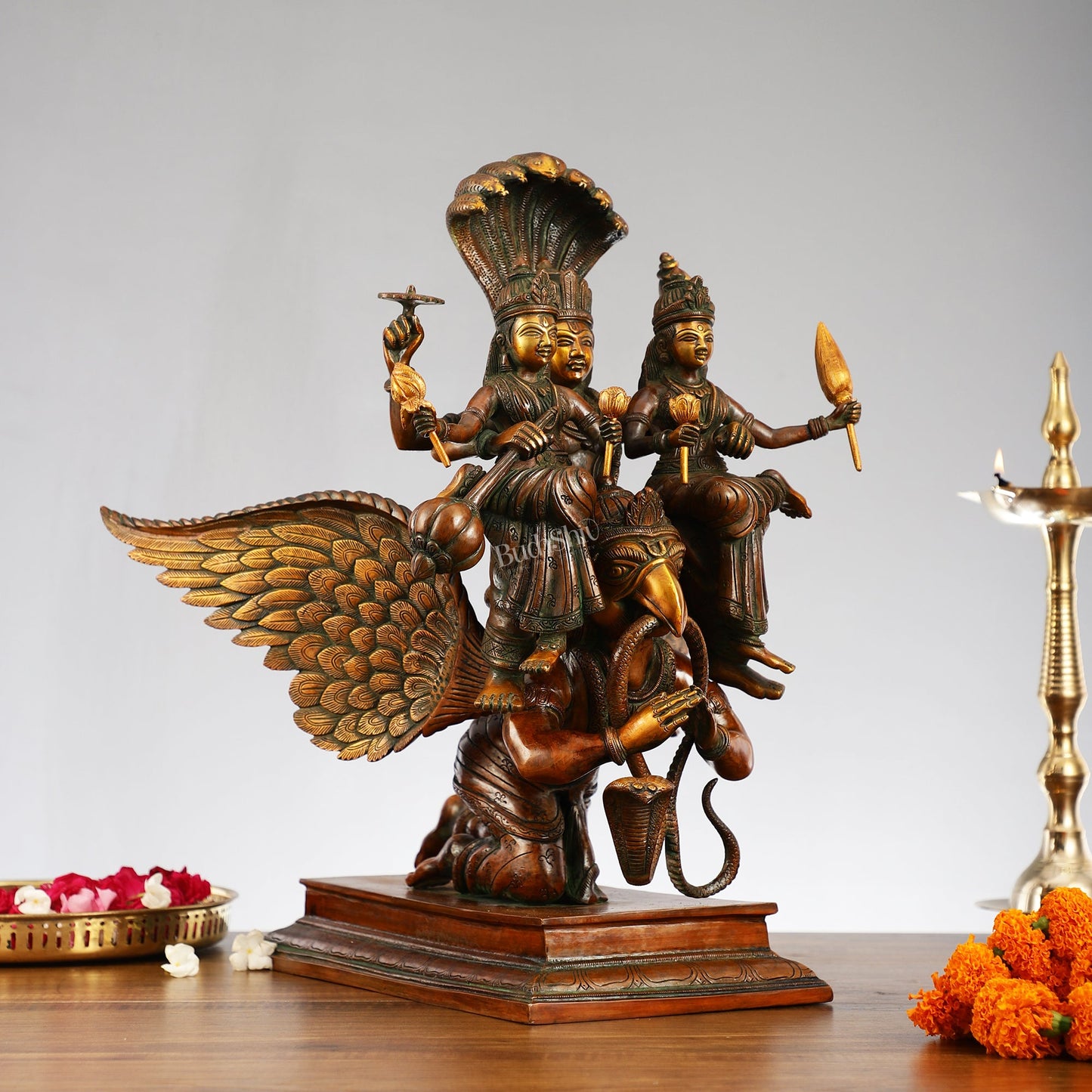 Lord Vishnu with Bhudevi and Sridevi on Garuda 18" - Budhshiv.com