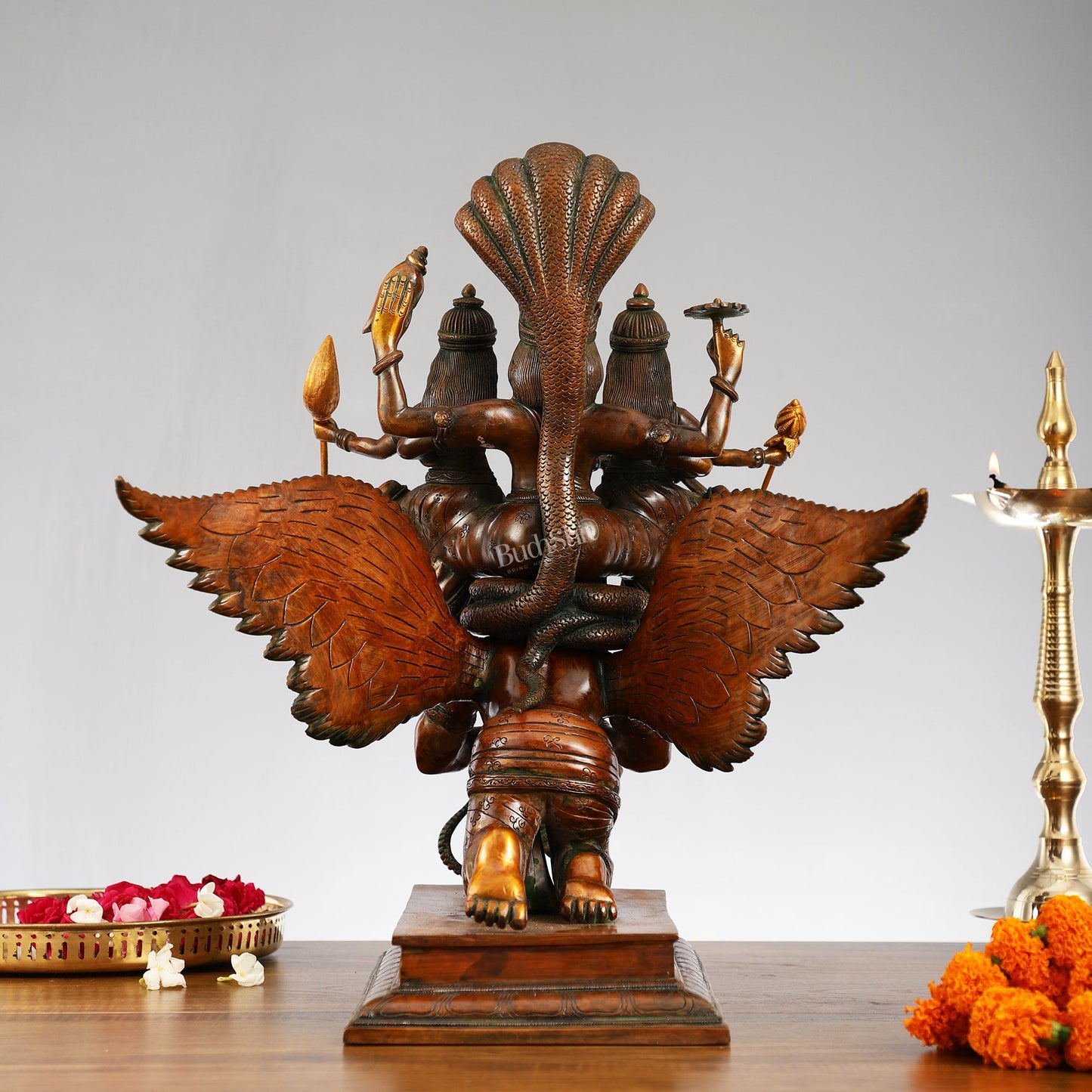 Lord Vishnu with Bhudevi and Sridevi on Garuda 18" - Budhshiv.com
