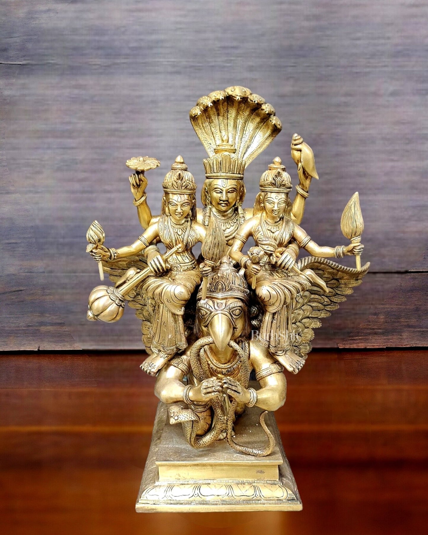 Lord Vishnu with Bhudevi and Sridevi on Garuda 18" - Budhshiv.com