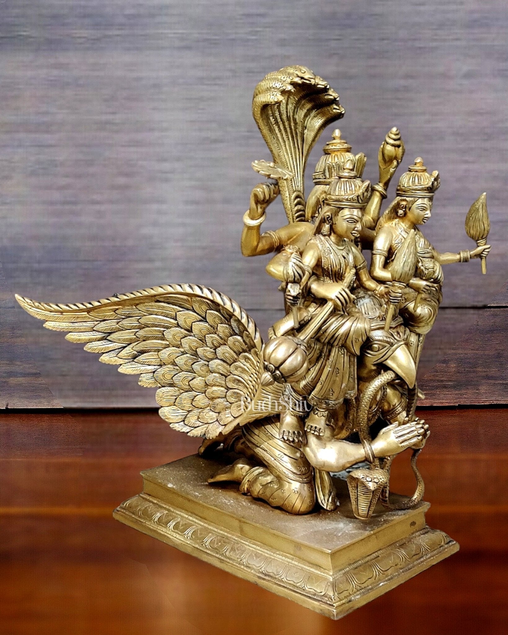 Lord Vishnu with Bhudevi and Sridevi on Garuda 18" - Budhshiv.com