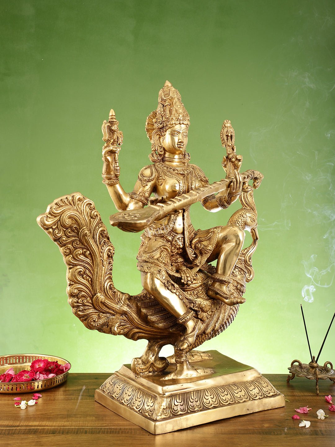 Majestic 30" Tall Brass Goddess Saraswati Statue - Budhshiv.com