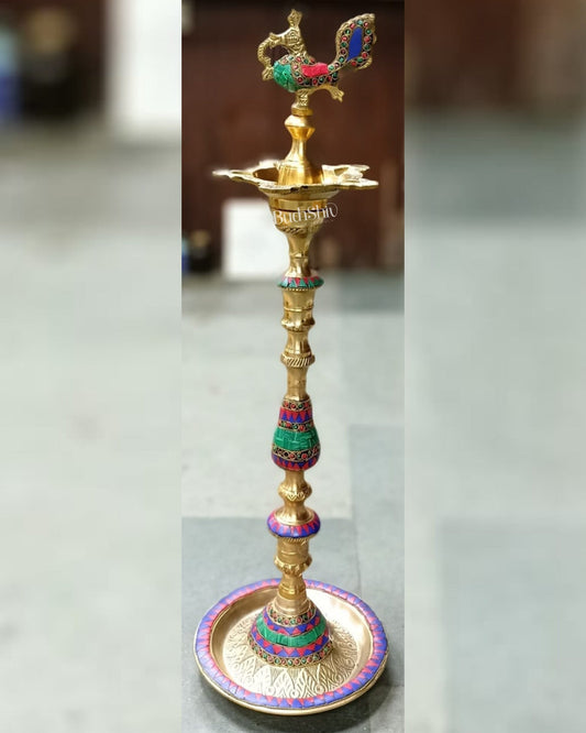 Majestic Brass Peacock Samai Lamp with Stonework | Perfect for Inauguration Ceremonies | 2 Feet (24 Inch) - Budhshiv.com