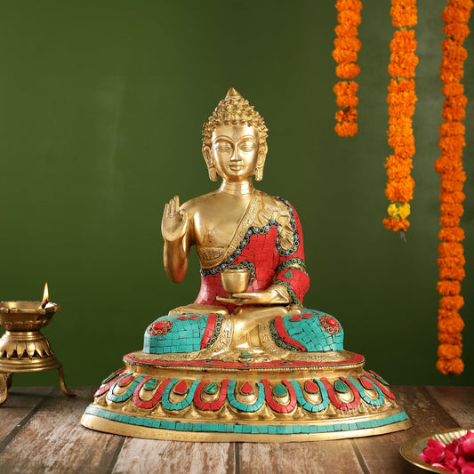Meenakari Stonework Brass Buddha in Abhaya Mudra Idol | 16" Height | Serene Presence - Budhshiv.com