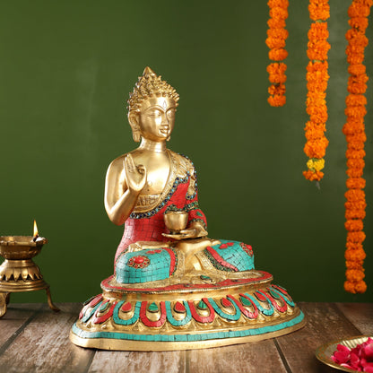 Meenakari Stonework Brass Buddha in Abhaya Mudra Idol | 16" Height | Serene Presence - Budhshiv.com