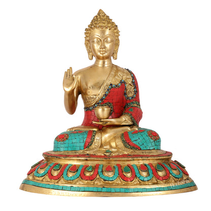 Meenakari Stonework Brass Buddha in Abhaya Mudra Idol | 16" Height | Serene Presence - Budhshiv.com