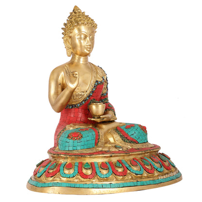 Meenakari Stonework Brass Buddha in Abhaya Mudra Idol | 16" Height | Serene Presence - Budhshiv.com