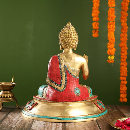 Meenakari Stonework Brass Buddha in Abhaya Mudra Idol | 16" Height | Serene Presence - Budhshiv.com