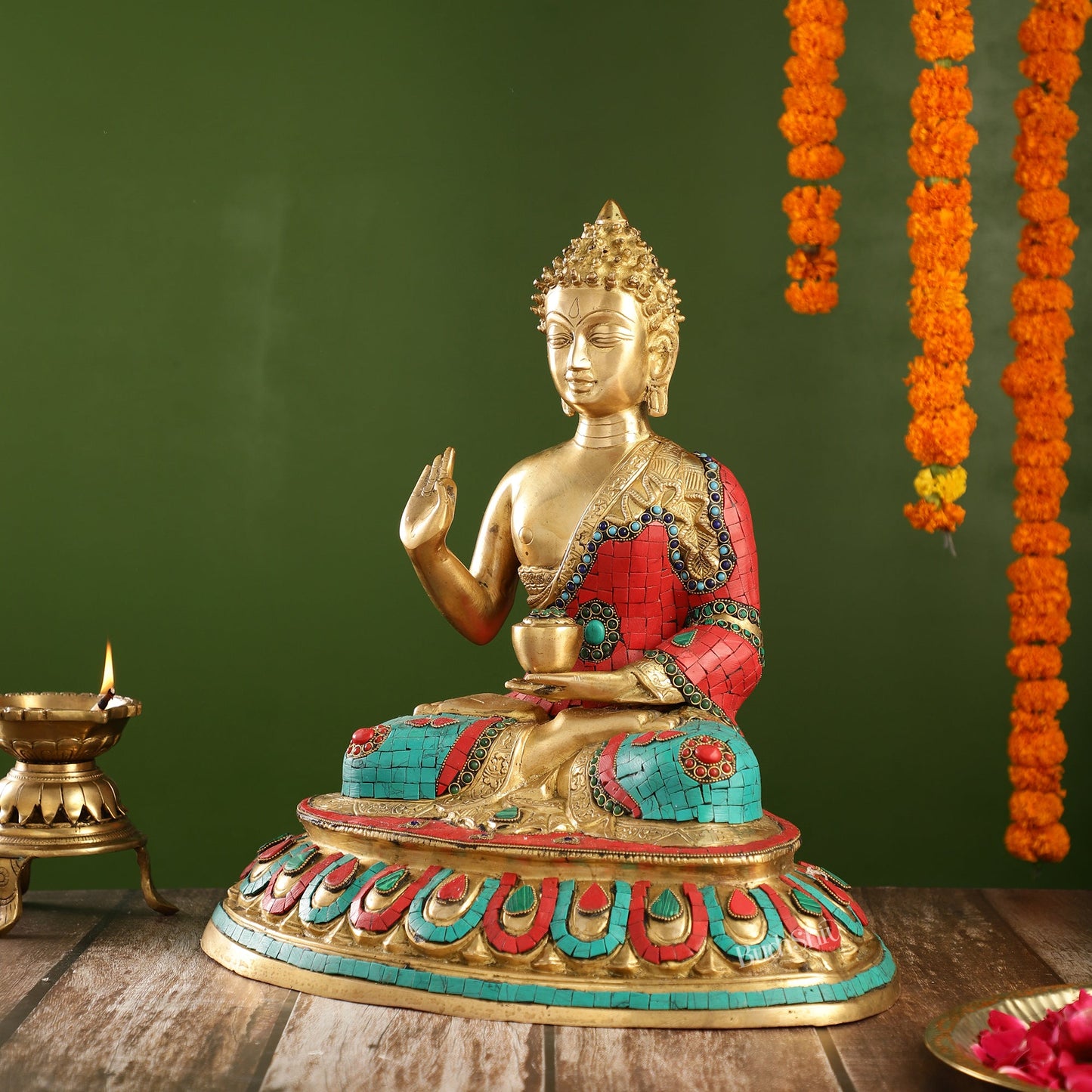 Meenakari Stonework Brass Buddha in Abhaya Mudra Idol | 16" Height | Serene Presence - Budhshiv.com