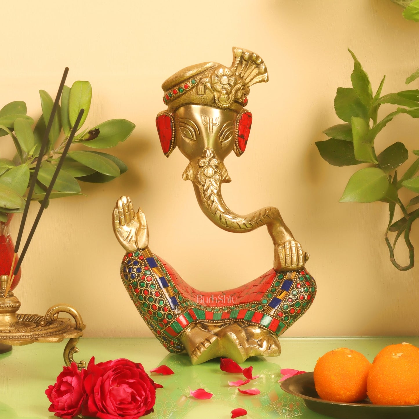 Modern Ganesha abstract unique brass idol/ wearing a pagdi/turban ( stonework) - Budhshiv.com