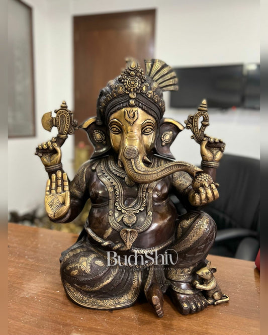 Pagadi Ganesha Brass idol 21 inches brown and golden - Budhshiv.com