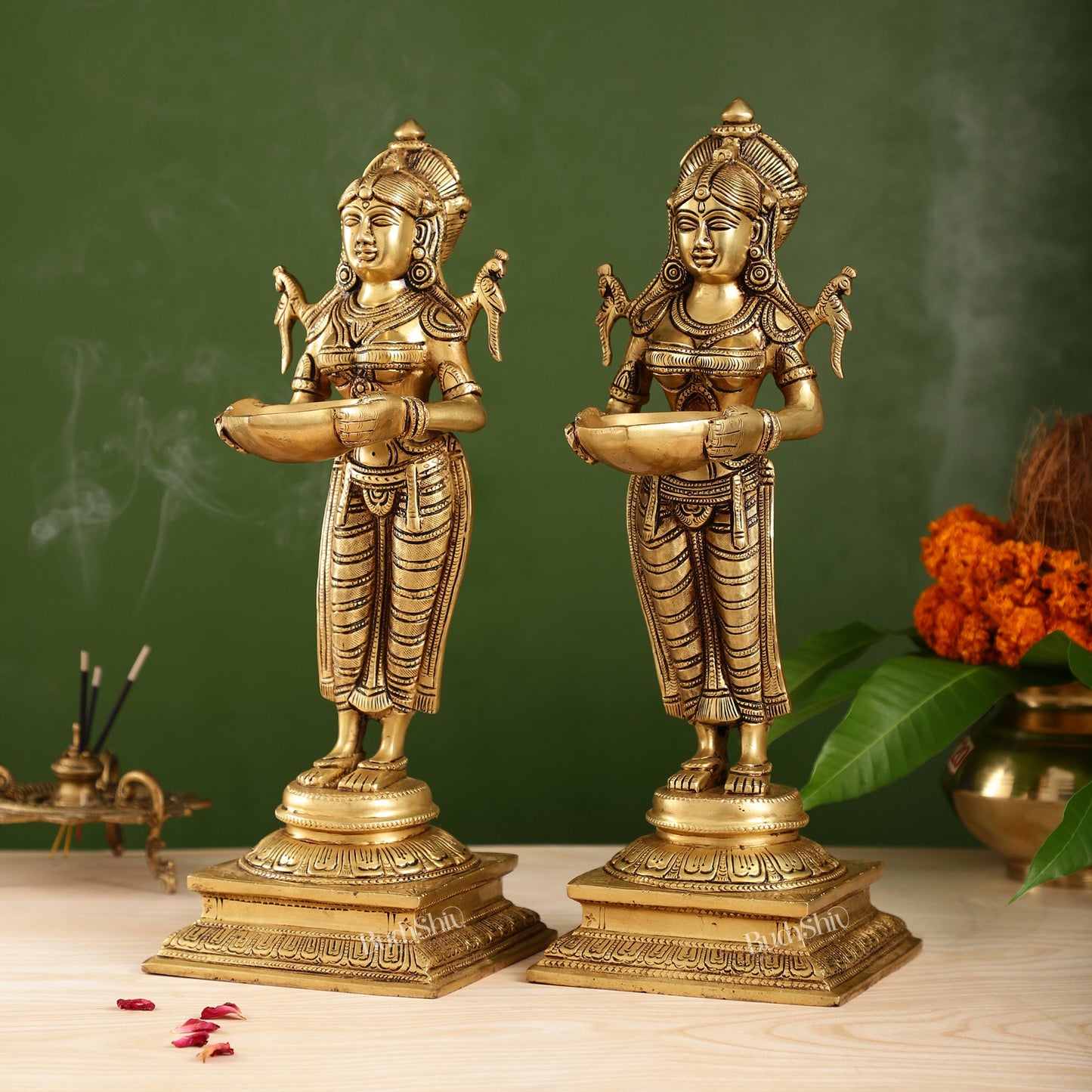 Pair of Brass Deep Lakshmi Statues with Diyas | Handcrafted Lady Statues 14" - Budhshiv.com