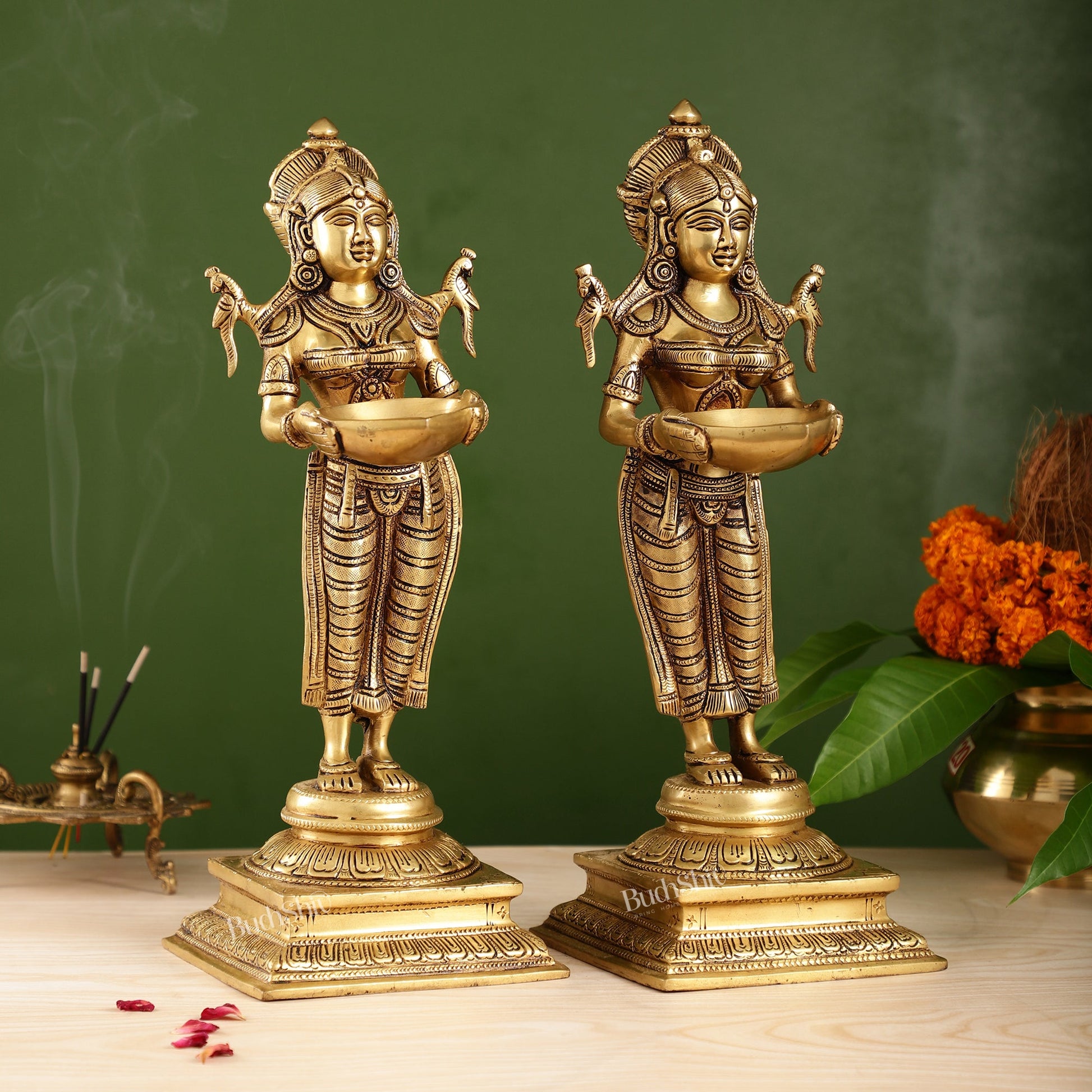 Pair of Brass Deep Lakshmi Statues with Diyas | Handcrafted Lady Statues 14" - Budhshiv.com