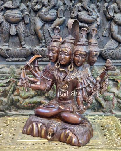 Panchamukhi Sadashiva Brass Idol | Antique Copper Brown Finish | 15" Height - Budhshiv.com