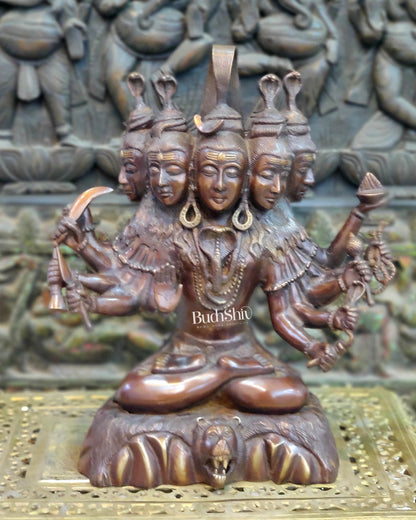 Panchamukhi Sadashiva Brass Idol | Antique Copper Brown Finish | 15" Height - Budhshiv.com