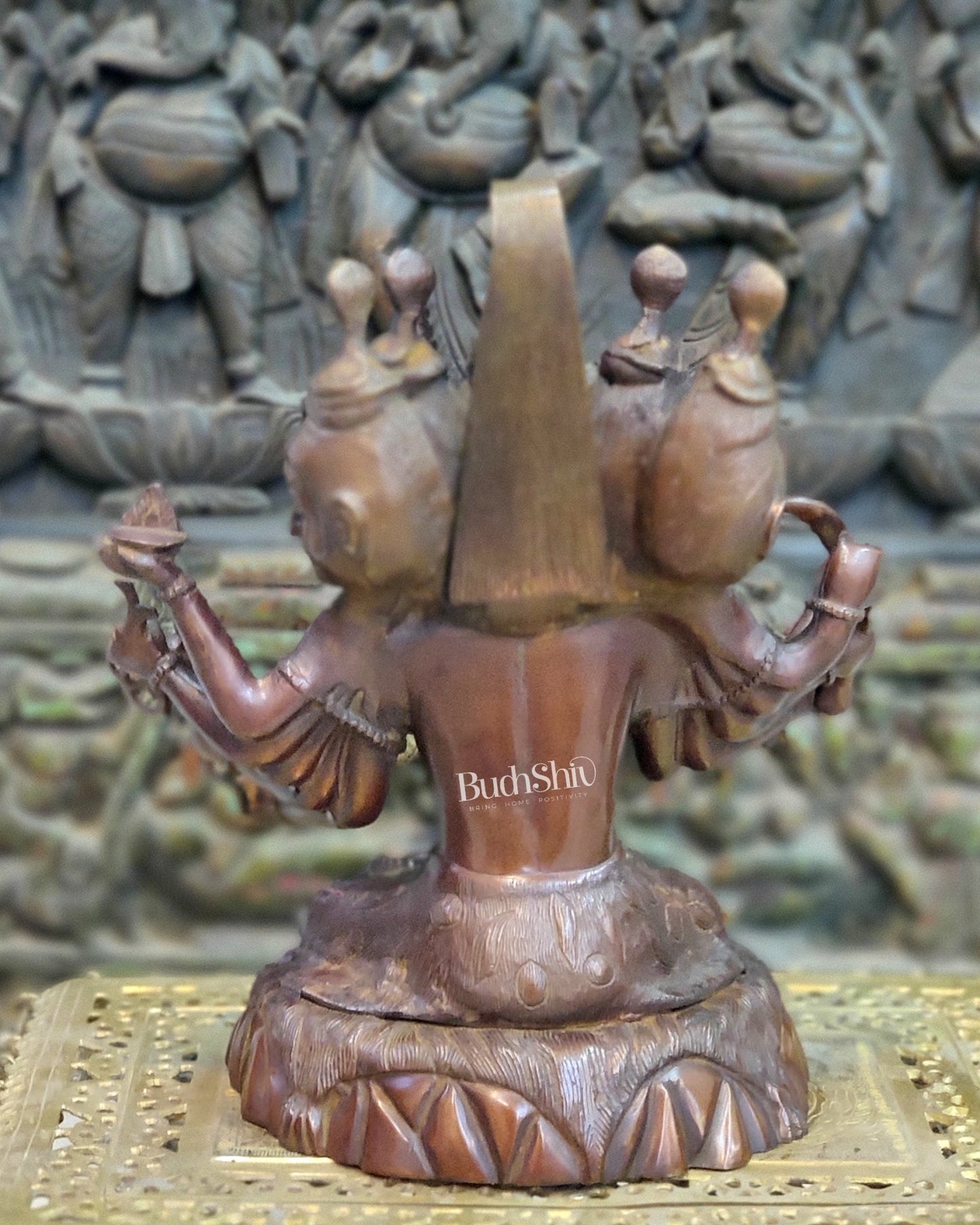 Panchamukhi Sadashiva Brass Idol | Antique Copper Brown Finish | 15" Height - Budhshiv.com