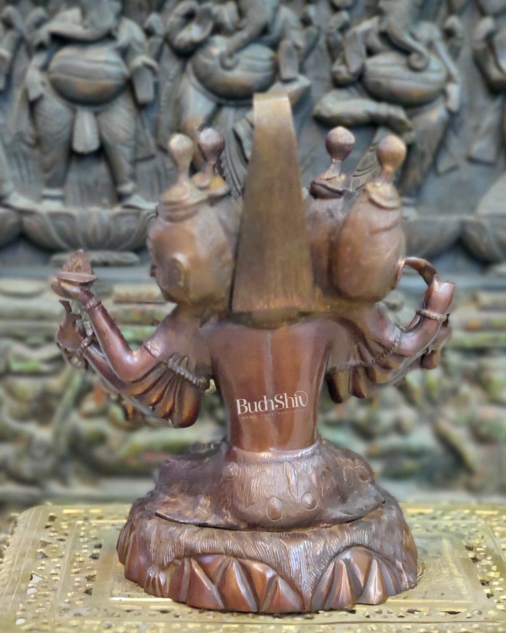 Panchamukhi Sadashiva Brass Idol | Antique Copper Brown Finish | 15" Height - Budhshiv.com