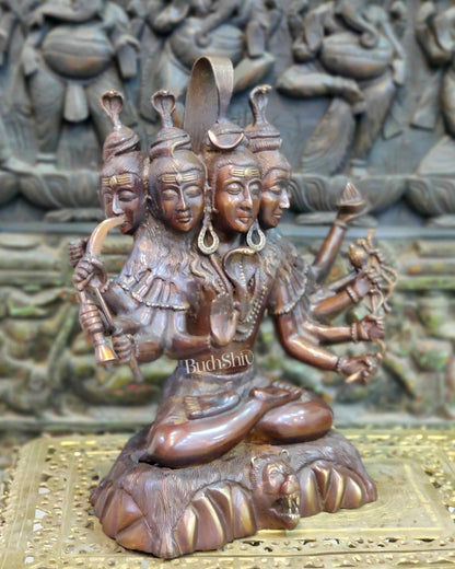 Panchamukhi Sadashiva Brass Idol | Antique Copper Brown Finish | 15" Height - Budhshiv.com