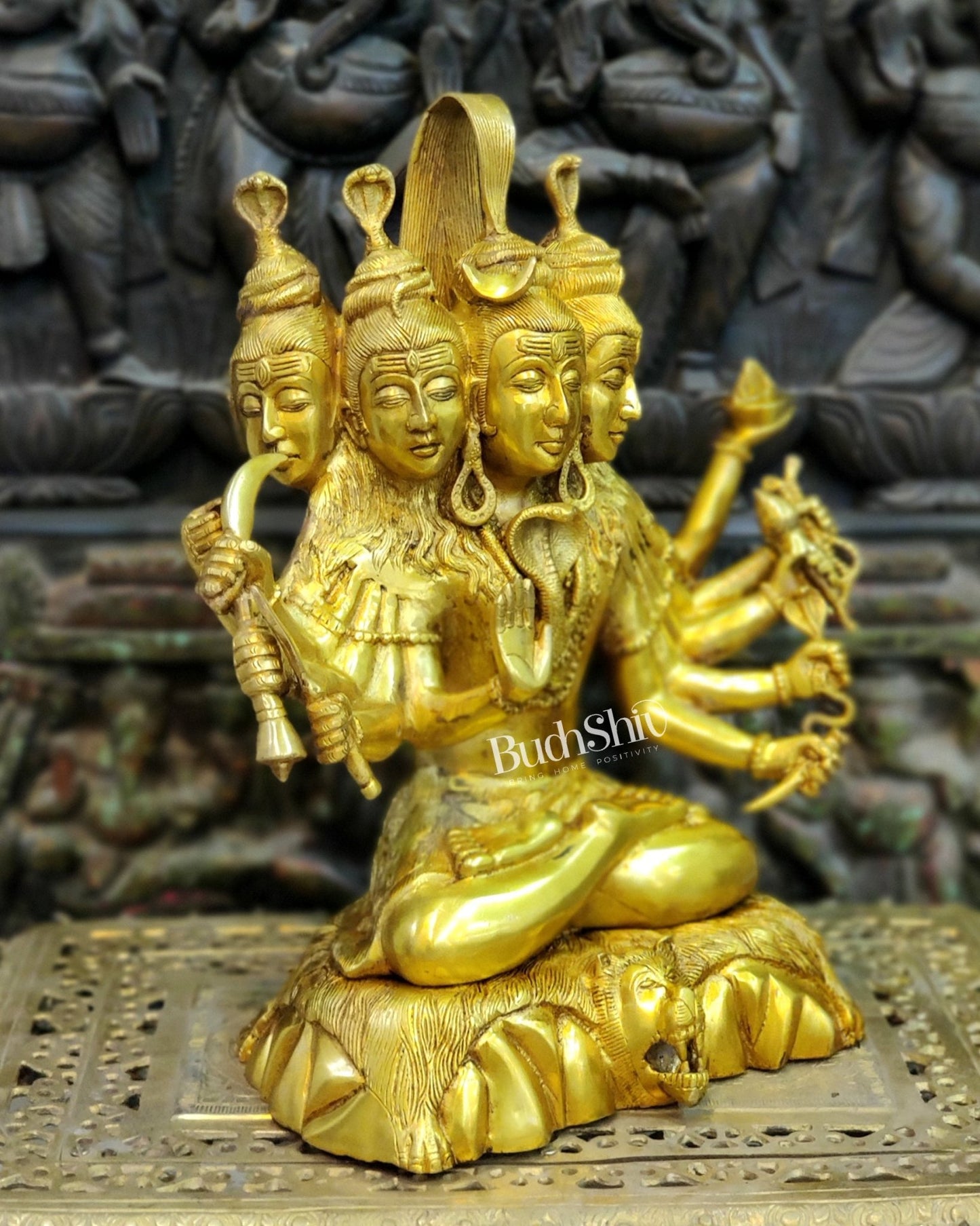 Panchamukhi Sadashiva Brass Idol | Golden Finish | 15" Height - Budhshiv.com