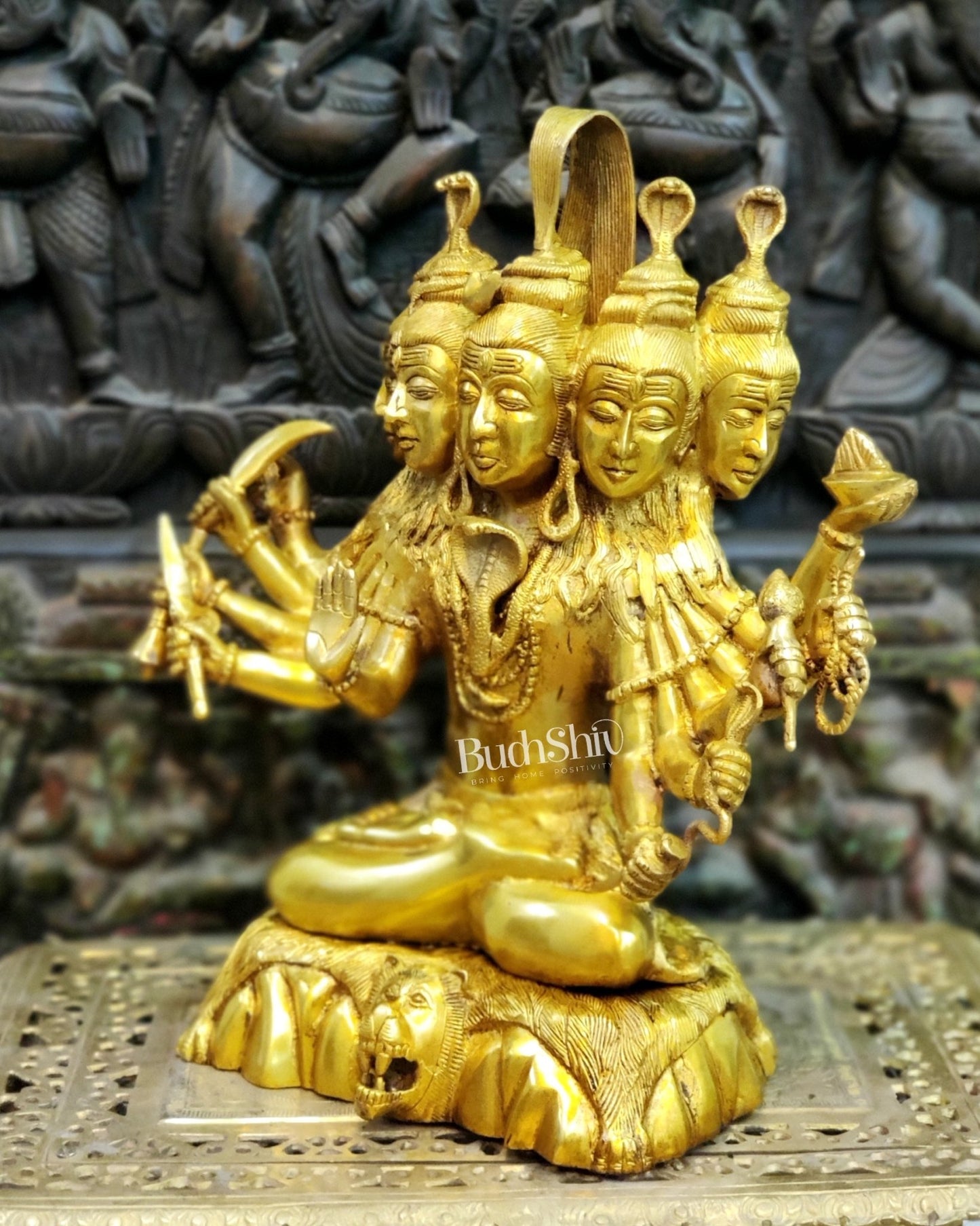 Panchamukhi Sadashiva Brass Idol | Golden Finish | 15" Height - Budhshiv.com