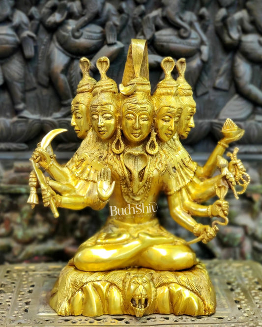 Panchamukhi Sadashiva Brass Idol | Golden Finish | 15" Height - Budhshiv.com
