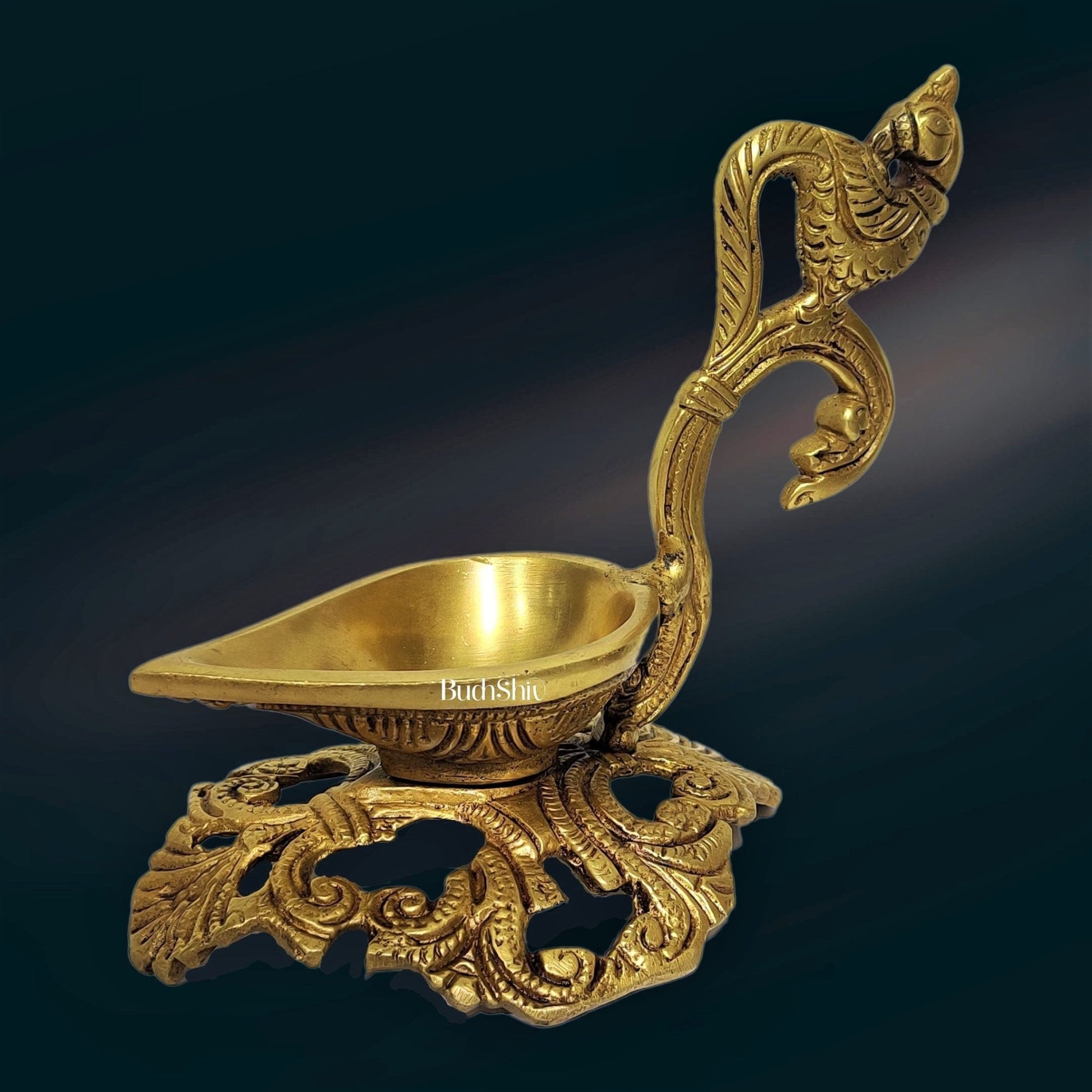 Peacock / annam design brass diya with round engraved stand - Budhshiv.com