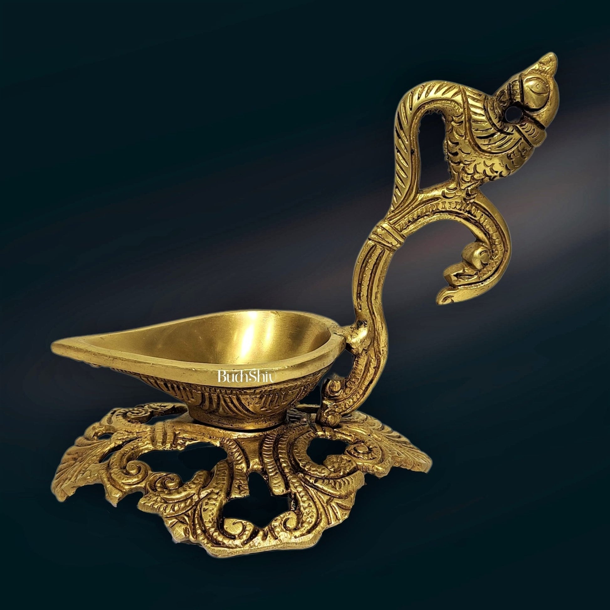 Peacock / annam design brass diya with round engraved stand - Budhshiv.com